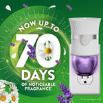 Air Wick plug-in device with lavender-colored refill shown beside large 'now up to 70 days of noticeable fragrance' promotional text