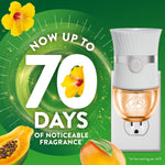 Promotional graphic showing an Air Wick plug-in warmer, papaya and hibiscus art, and large text claiming up to 70 days of fragrance