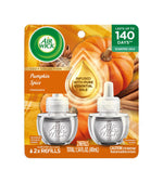 Air Wick pumpkin spice scented oil refills package with two refill bottles and graphics of pumpkin and cinnamon sticks.