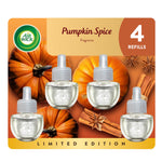 Air Wick pumpkin spice refill pack artwork showing four clear plug‑in oil bottles over pumpkins and cinnamon sticks
