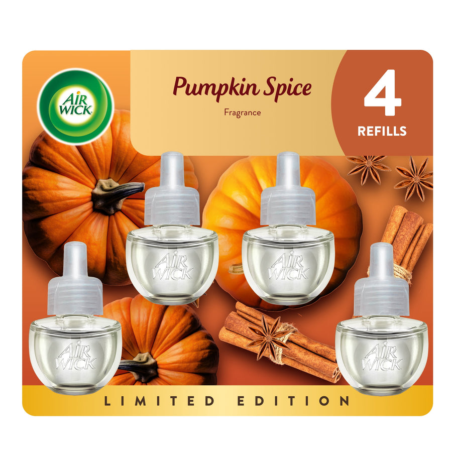 Air Wick pumpkin spice refill pack artwork showing four clear plug‑in oil bottles over pumpkins and cinnamon sticks
