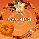 Circular label design reading Pumpkin Spice with vanilla flower, pumpkins and cinnamon stick imagery on an orange background