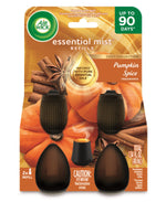 Air Wick Essential Mist pumpkin spice blister pack showing two refill bottles and cinnamon and pumpkin imagery