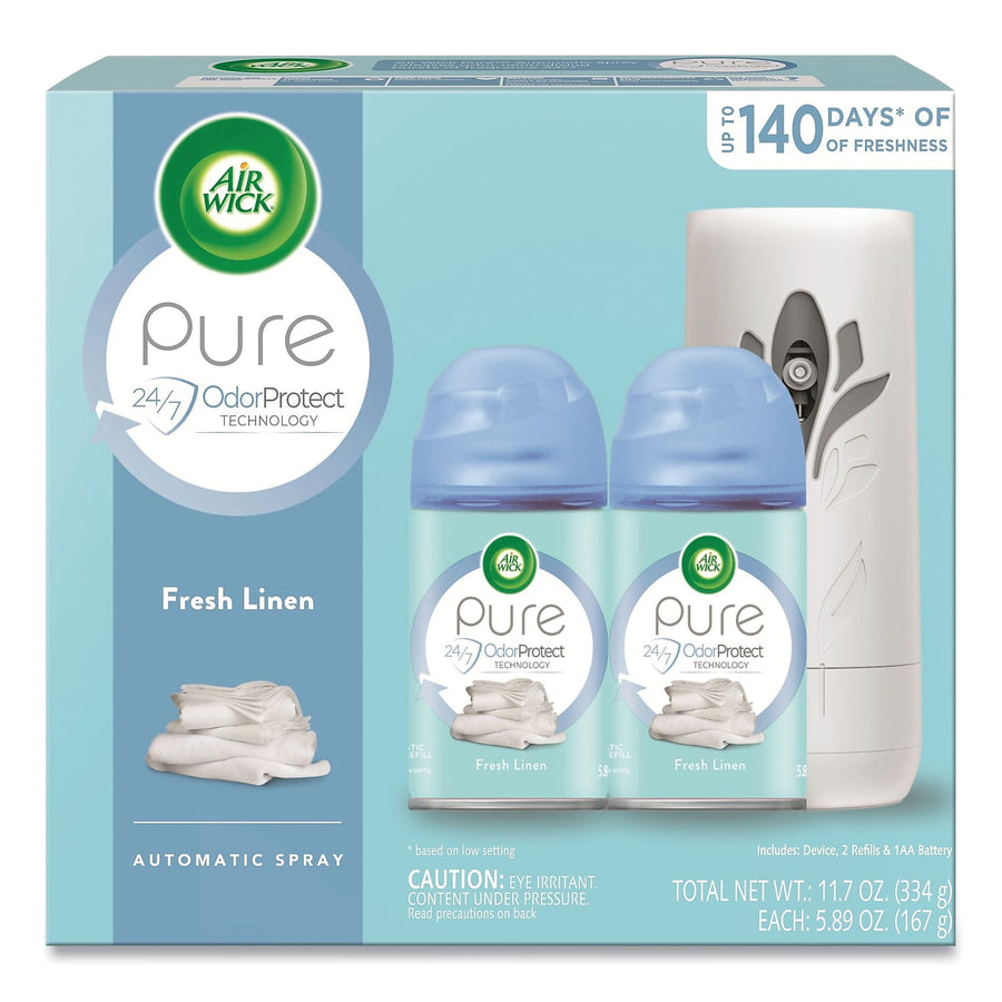 Air Wick Pure Fresh Linen automatic spray starter kit box showing two refill canisters and a white spray dispenser