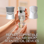 Hands holding an Air Wick refill and plug-in unit with additional device silhouettes and compatibility claim text
