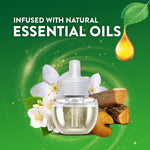 Single Air Wick scented oil refill with jasmine flowers, wood imagery and text about natural essential oils on green background.