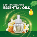 Single Air Wick refill bottle with vanilla flowers, brown sugar and text proclaiming infused with natural essential oils.