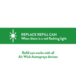 Green instruction banner reading “REPLACE REFILL CAN When there is a red flashing light” and note that refill works with all Air Wick autosprays.