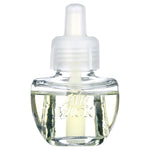 Single Air Wick clear plug-in oil refill bottle on white background showing embossed logo on glass