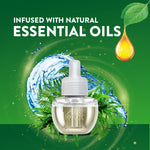 Single Air Wick refill bottle centered on green background with water splash, fern art and 'Infused with natural essential oils' text