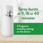 White Air Wick automatic dispenser shown with text explaining spray bursts at 9, 18 or 40 minutes and three fragrance intensity settings.