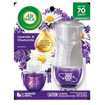 Air Wick starter kit blister pack showing plug-in warmer and purple scented oil refill with lavender and chamomile artwork