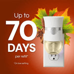 Air Wick plug-in warmer image demonstrating up to 70 days per refill with autumn leaves and large days claim