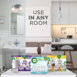 Lifestyle composite image of three room scenes with text 'Use in any room' and product packs displayed on a table in foreground.