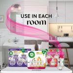 Composite dramatization showing multiple Air Wick refill packs on a table and overlay text "Use in Each room" with a pink scent ribbon