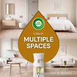 Lifestyle promotional graphic with Air Wick plug‑in and droplet reading 'Use in multiple spaces' over images of bedroom, kitchen, and living room