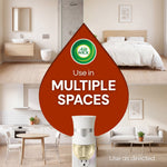 Lifestyle-style graphic showing Air Wick plug-in warmer with large droplet saying "Use in Multiple Spaces" over home room images