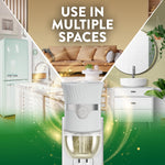 Lifestyle-style graphic featuring an Air Wick plug-in warmer and three home scenes with text Use In Multiple Spaces.