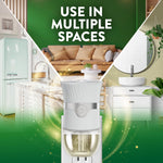 Air Wick plug-in warmer over collage of home scenes with text Use in Multiple Spaces on a green background
