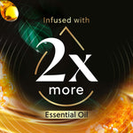 Graphic panel reading "2x more" Essential Oil with decorative leaves and warm color accents