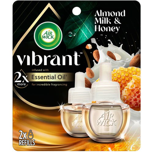 Air Wick Vibrant Almond Milk & Honey refill packaging showing two refill bottles and branding