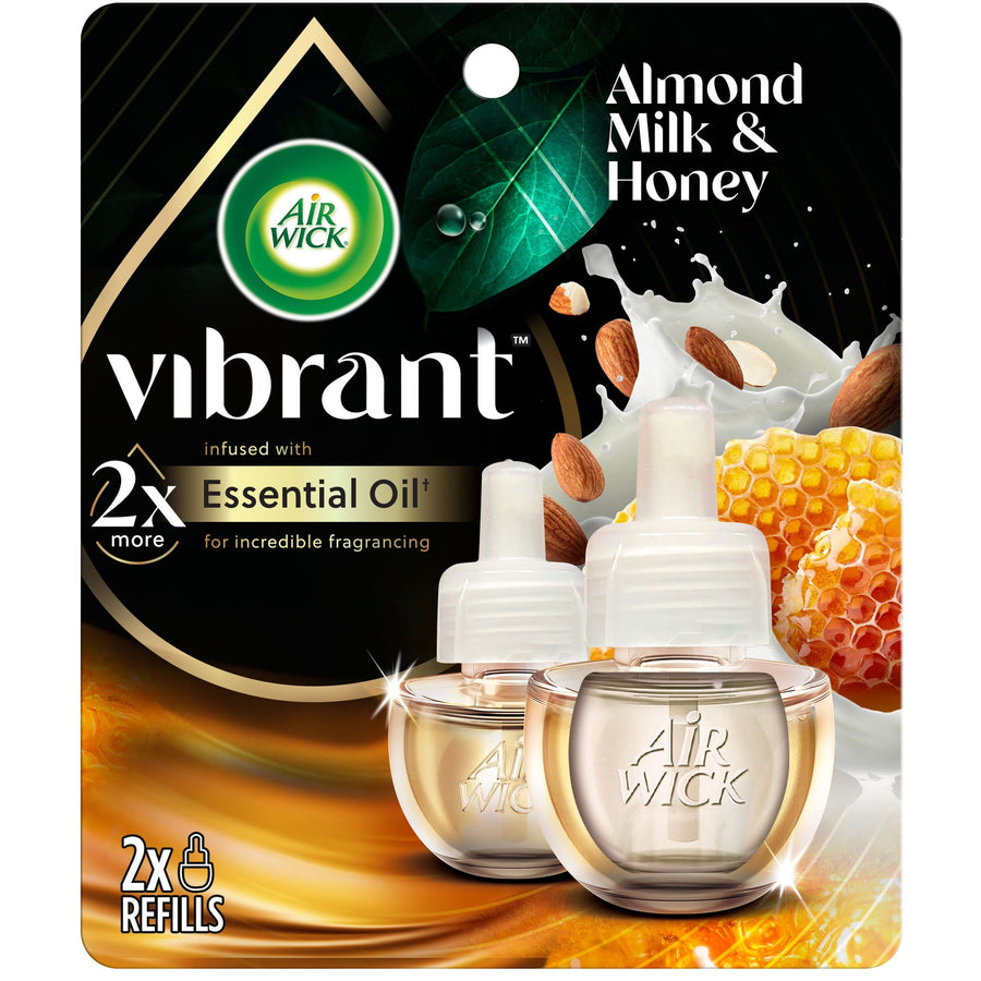 Air Wick Vibrant Almond Milk & Honey refill packaging showing two refill bottles and branding