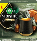 Air Wick Vibrant essential mist diffuser and refill packaging with diffuser, oil bottle and white sage & mahogany scent graphics