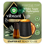 Air Wick Vibrant Essential Mist starter kit packaging showing black cordless diffuser, amber refill bottle and white sage & mahogany branding