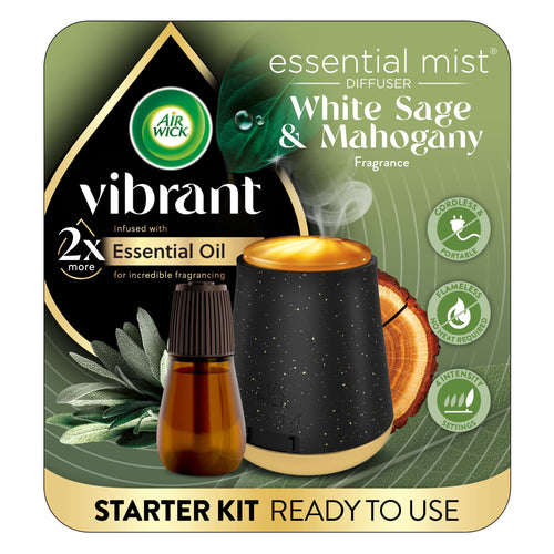 Air Wick Vibrant Essential Mist starter kit packaging showing black cordless diffuser, amber refill bottle and white sage & mahogany branding