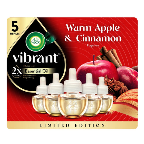 Air Wick Vibrant Warm Apple & Cinnamon refill pack art showing five oil refill bottles and apples with cinnamon sticks