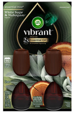 Close-up of Air Wick Vibrant White Sage & Mahogany refill packaging with four refill capsules visible
