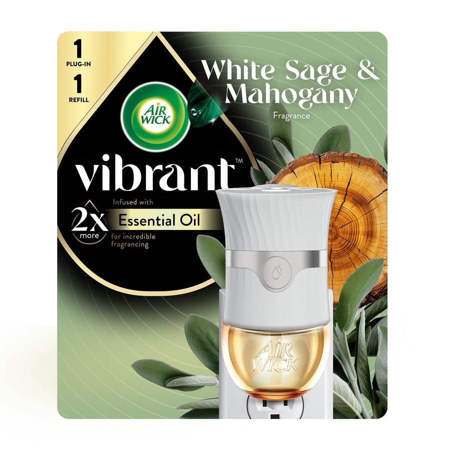 Air Wick Vibrant plug-in warmer and refill shown on branded green White Sage & Mahogany packaging with wood and sage visuals