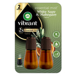 Retail blister pack showing two amber refill bottles and Vibrant White Sage & Mahogany branding