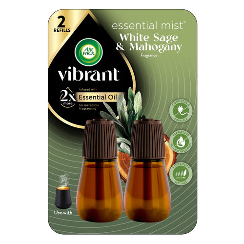 Retail blister pack showing two amber refill bottles and Vibrant White Sage & Mahogany branding