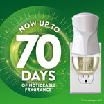 Air Wick white plug-in oil warmer displayed beside graphic text reading now up to 70 days of noticeable fragrance