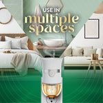 Air Wick plug-in warmer shown with room lifestyle collage above and the phrase "use in multiple spaces" on a green background.
