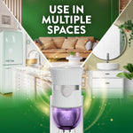 Air Wick plug-in warmer overlaid on collage of kitchen, living room and bathroom scenes with text suggesting use in multiple spaces