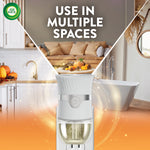 Lifestyle promo showing an Air Wick plug‑in warmer with layered interior scenes and text suggesting use in multiple spaces