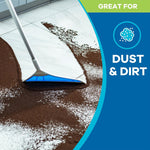 AirBroom triangular head sweeping dark dust and dirt across a light tile floor with 'dust & dirt' label