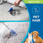 Two-panel graphic showing a handheld AirBroom removing pet hair from upholstery and sweeping hair from a rug