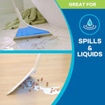 Split image showing AirBroom cleaning spills on tile and sweeping debris on wood floors with 'spills & liquids' callout