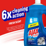 Partial Ajax Extreme Clean blue bottle against red background with bold '6X cleaning action' and fresh scent text