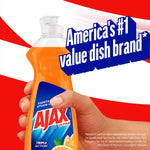 Hand holding an Ajax Ultra orange dish soap bottle against a red-and-white background with 'America's #1 value dish brand' text