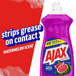Ajax Ultra watermelon-scent dish soap bottle with red graphic panel stating "strips grease on contact"