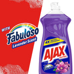 Ajax Ultra lavender dish soap bottle shown next to Fabuloso lavender logo on red panel
