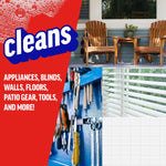 Promotional collage showing outdoor chairs, tools, blinds and tiles with the word ‘cleans’ and a list of surfaces it cleans.