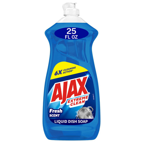 Ajax Extreme Clean blue liquid dish soap bottle labeled fresh scent and 25 fl oz