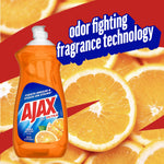 Ajax Ultra orange dish soap bottle over background of sliced oranges with 'odor fighting fragrance technology' text