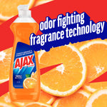 Ajax Ultra orange dish soap bottle over a background of orange slices with bold 'odor fighting fragrance technology' text