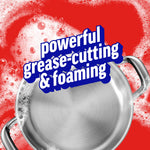 Close-up promotional graphic showing soapy bubbles and a stainless pot with text 'powerful grease-cutting & foaming'